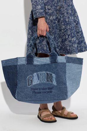 Ganni Shopper-type Bag With Logo, Womens, Navy Blue