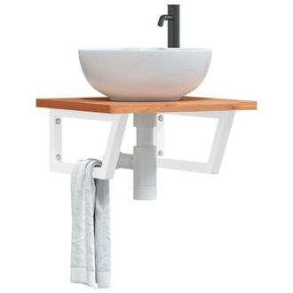 Berkfield Home Basin Shelf Wall Mounted Steel & Solid Wood Beech in Brown