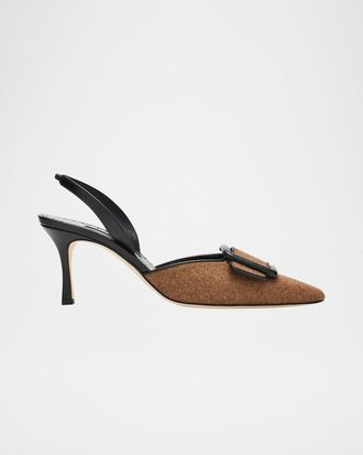 Manolo Blahnik Mayslibi Wool Buckle Slingback Pumps