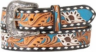 Nocona Belt Co. Womens Hand Tooled Painted Floral Inlay Belt In Blue & Black