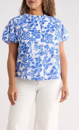 Sugarlips Shia Floral Avy Cotton Button-Up Top in White Blue at Nordstrom, Size 2 X
