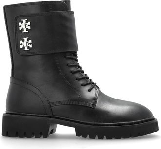Tory Burch T-Lock Lug Boot 40mm - Dames - Veterlaarzen - Zwart - 37 EU - Leer - Schoenen