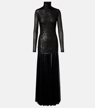 Norma Kamali Sequined mesh turtleneck gown