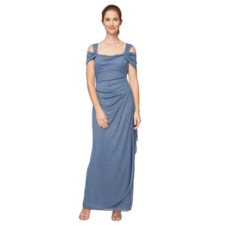 Alex Evenings Womens Long Cold Shoulder Dress Regular Sizes Mother of The Bride, Dusty Blue Glitter Petite, 18