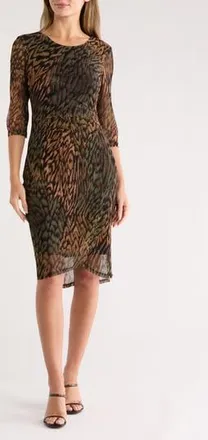 Connected Three-Quarter Sleeve Mesh Faux Wrap Dress in Olive at Nordstrom Rack, Size 10