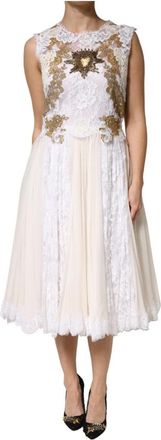 Dolce & Gabbana Lace Silk Embellished Sleeveless Midi Dress - Dames - Casual kleedjes - Veelkleurig - XL - Katoen - Kleedjes