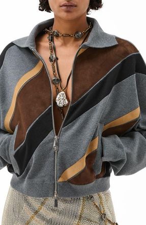 Versace Leather Stripe Knit Jacket in Medium Grey at Nordstrom, Size 6 Us