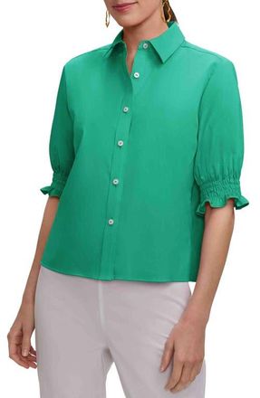 Foxcroft Vivienne Elbow Sleeve Matte Sateen Button-Up Shirt in Kelly Green at Nordstrom, Size X-Large