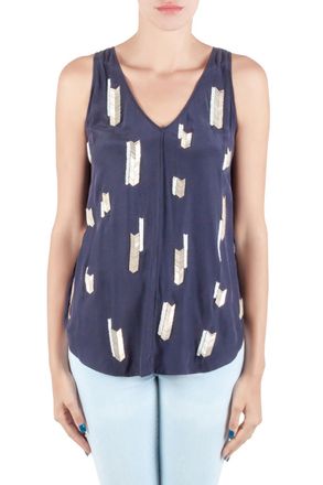Derek Lam 10 Crosby Midnight Blue Embellsihed Silk Sleeveless High Low Top