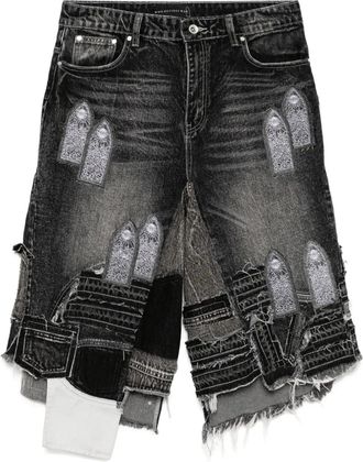 Who Decides War by Ev Bravado patched arch blowout denim shorts - Grey