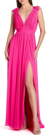 Mac Duggal Womens Sleeveless Pleated Chiffon V-Neck Gown in Hot Pink at Nordstrom, Size 12