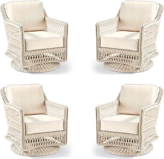 Frontgate Hampton 4-pc. Swivel Lounge Chair in Ivory Wicker - Standard, Sailcloth Cobalt with Natural Piping - Frontgate