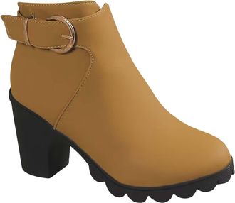 Generic Women Shoes Thick High Heel Boots Leather Boots Fashion Thick Heel Women Boots Breathable Round Toe Short Boots Features: Boots for Rain (Brown, 5.5)