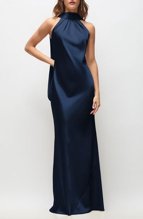 After Six Anais Scarf Neck Satin Charmeuse Gown in Midnight at Nordstrom, Size Xx-Large