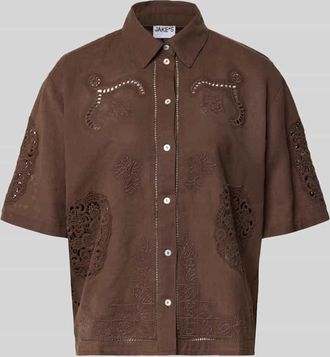 Jake*s Casual Bluse aus Leinen-Baumwoll-Mix mit Motiv-Stitching in Dunkelbraun, Gr&ouml;&szlig;e 34