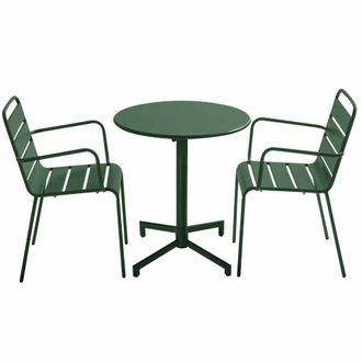 Oviala Conjunto de mesa de jard&iacute;n y 2 sillones en metal verde bosque