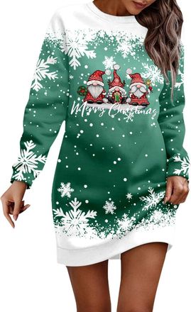 Generic Christmas Dress for Women Funny Christmas Jumper Womens Long Sweat Dress with Reindeer Pattern Pullover Dress Round Neck Long Sleeve Pullover Clothing