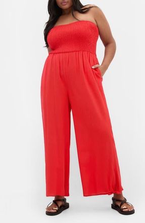 City Chic Ally Smocked Strapless Wide Leg Jumpsuit in Tigerlilly at Nordstrom, Size Xxxs