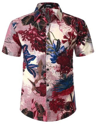 JOGAL Mens Flowers Casual Aloha Hawaiian Shirt Short Sleeve Beach Shirt WineredFlower XXX-Large