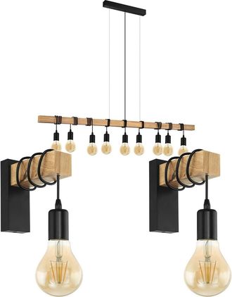 Loops Multi Bulb Ceiling Pendant Light & 2x Matching Wall Lights Black & Wood Trendy