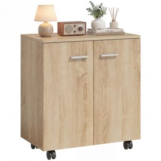 HOMCOM Homcom Aparador Con Ruedas, Aparador De Sal&oacute;n Con 2 Puertas Y Estantes, Para Sala De Estar, Dormitorio, Oficina, 60x35x65 Cm, Natural