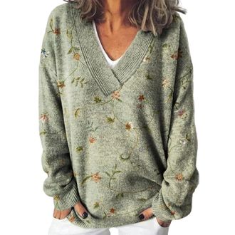 Generic Women Christmas Jumper Knit 2024 Trendy Winter Top Womens Floral Print Loose Fashion Casual Winter V Neck Knitted Strip Long Sleeve Imitation Sweater 