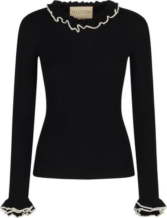 Valentino Garavani Zwarte wollen trui met ruchedetails - Dames - Ronde hals truien - Zwart - S - Wol - Truien & Vesten