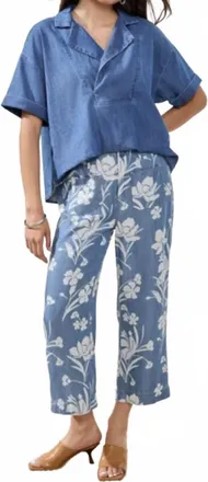 Tribal Drape Denim Printed Wide Leg Crop Pants In Seaside Blue