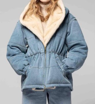 Max & Moi Deva Jacket With Faux Mink Lining In Denim Sky