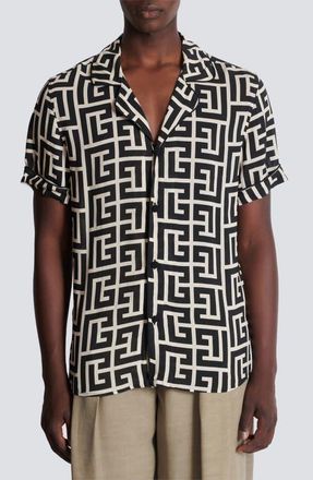 Balmain Macro Monogram Pajama Shirt in Gfe Ivory/Black at Nordstrom, Size 44 Us