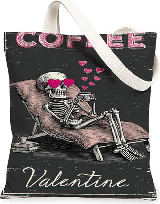 Generic Valentine Skeleton Coffee Canvas Tote Bags, Cute Heart Pattern Reusable Grocery Bags, Lightweight Washable Shoulder Strap C, Black, 13x15 Inch