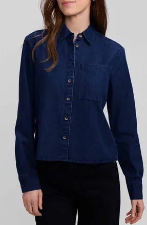 Foxcroft Jodie Denim Button-Up Shirt in Dark Wash Blue at Nordstrom, Size X-Large
