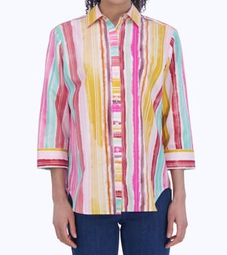 Foxcroft Womens Boyfriend Shirt In Watercolor Stripes