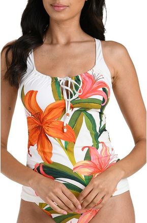 La Blanca Jungle Blossoms Tie Neck Tankini in Orange Multi at Nordstrom, Size 16