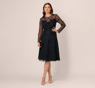 Adrianna Papell Long Sleeve Illusion Floral Beaded Midi Dress In Midnight
