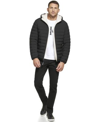Calvin Klein mens Lightweight Packable Down Jacket With Fleece Bib and Removable Hood, Black Stretch, Large
