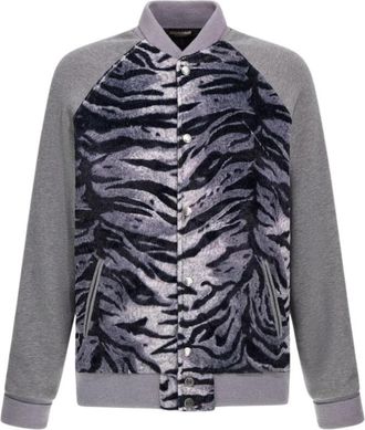 Roberto Cavalli Zebra Print Sweatshirt met knopen - Heren - Bomber jackets - Grijs - M - Katoen - Jassen