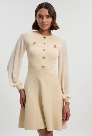 Karen Millen Chiffon Sleeve Military Mini Knit Dress in Cream at Nordstrom, Size X-Small