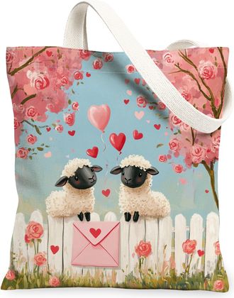 Generic Valentines Day Sheep Canvas Tote Bag for Shopping 13x15, Farmhouse Country Animal Couple Reusable Grocery Print Pattern Bag for Women, Lover Beach Aes