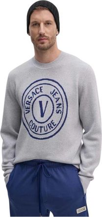Versace Jeans Couture V-Emblem Crewneck Jumper - Heren - Ronde hals truien - Grijs - M - Wol - Truien & Vesten