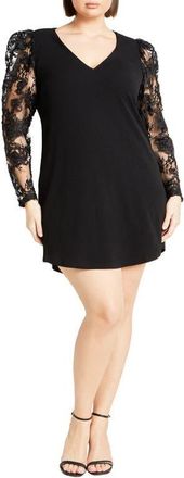City Chic Keyla Sheer Long Sleeve Ponte Shift Minidress in Black at Nordstrom
