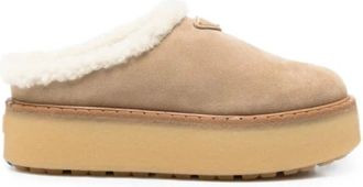 Prada Schoenen, Dames, Beige, 38 1/2 EU, Leer, Instappers