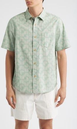 Treasure & Bond Lived In Short Sleeve Poplin Button-Up Shirt in Green Tiled Fans at Nordstrom Rack, Size Xx-Large