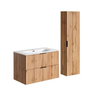 Petits Meubles Set mueble lavabo encastrado 80 cm y columna estratificado marr&oacute;n