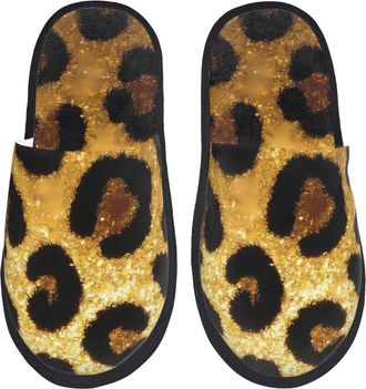 Generic Golden Leopard Glitter Unisex House Slippers Cosy House Shoes Fluffy Shoes For Indoor Outdoor Bedroom L
