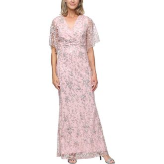S.L. Fashions Beaded Surplice Neck Gown in Blush at Nordstrom, Size 14P