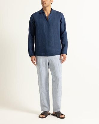 Orlebar Brown Alex Relaxed Fit Fine Hemp Stripe Trousers in Bergamo Blue Stripe at Nordstrom, Size 34