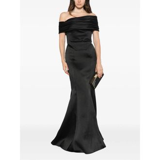 Solace London Off-Shoulder Draped Satin Evening Dress - Black