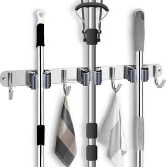 OEM Soporte De Pared De Acero Inoxidable Para Fregonas Con 3 Pinzas Y 4 Ganchos Para Cocina, Jard&iacute;n, Balc&oacute;n Y Garaje