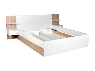 Vente-Unique Cama con cajones 160 x 200 cm - Con 2 mesitas de noche y estantes - Blanco y natural - KLYRANA